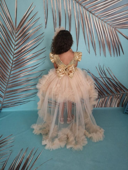 Girls Champagne Gold Sequin Princess Party Gown