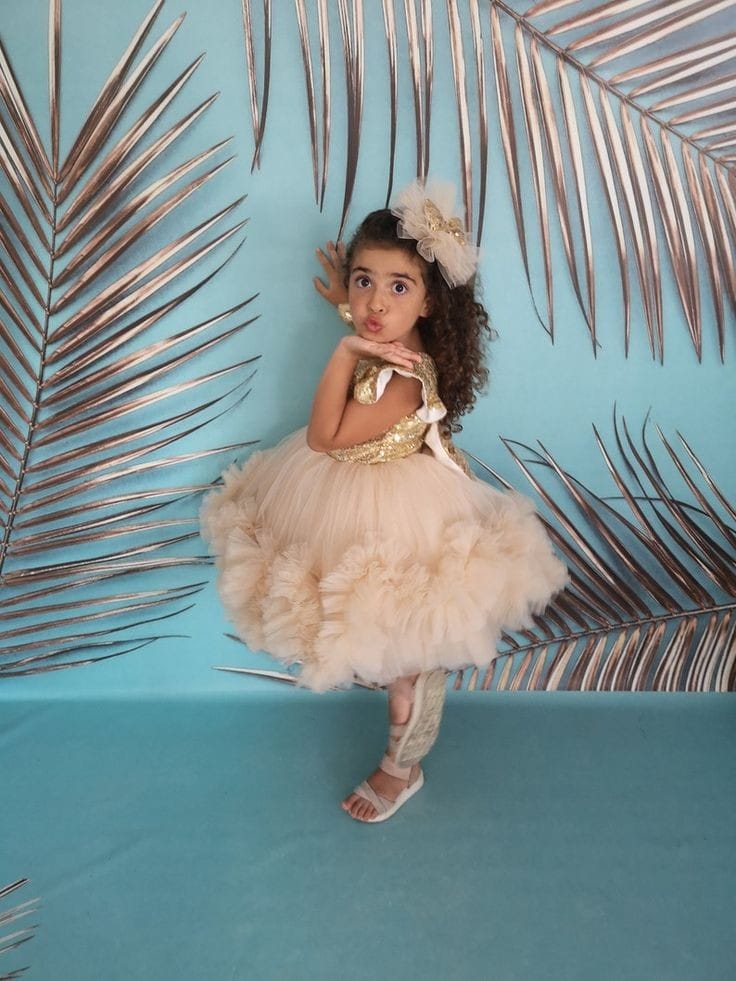 Girls Champagne Gold Sequin Princess Party Gown