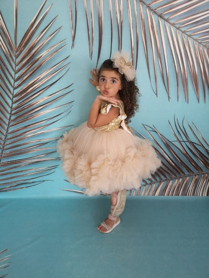 Girls Champagne Gold Sequin Princess Party Gown