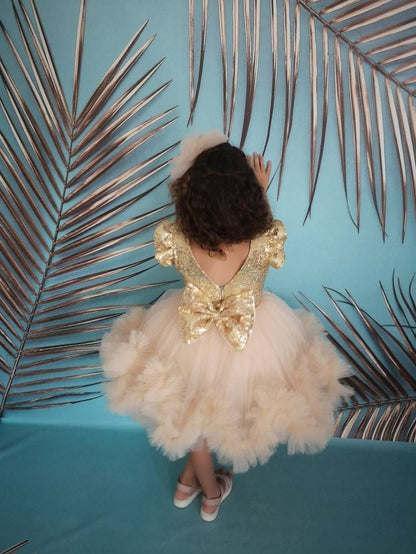 Girls Champagne Gold Sequin Princess Party Gown