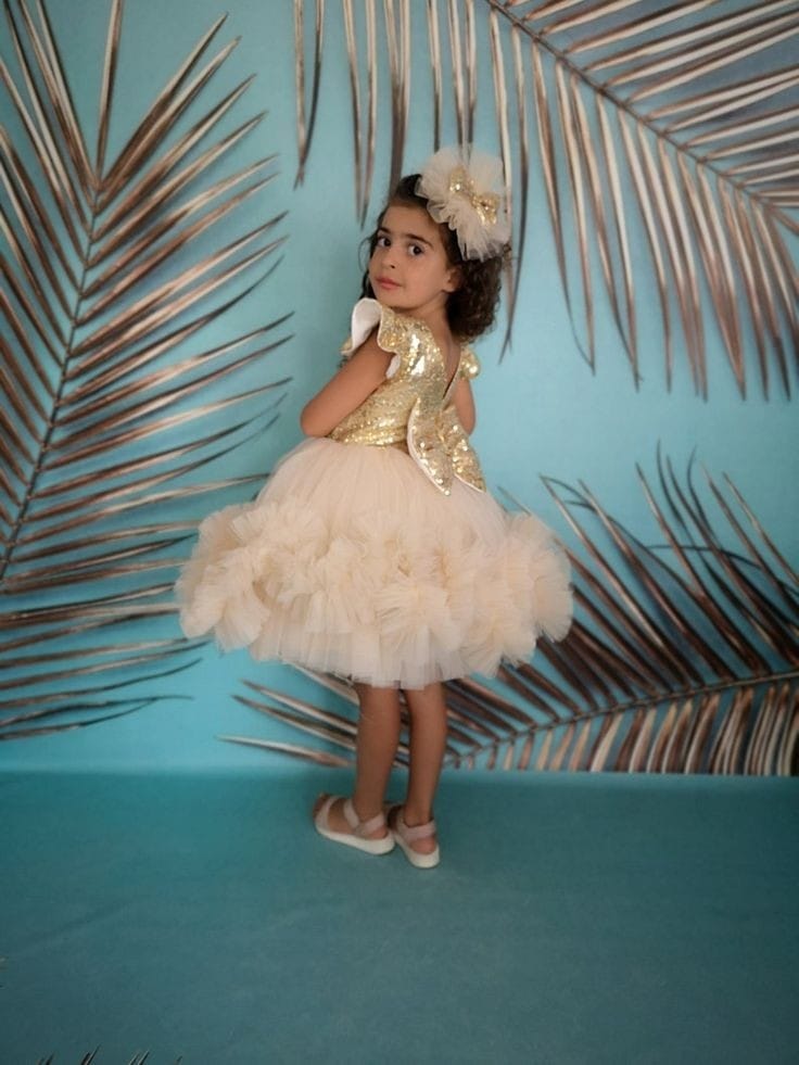 Girls Champagne Gold Sequin Princess Party Gown