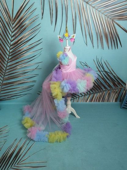 Pastel Unicorn Theme Tulle Party Dress for Baby Girls with Floral Trail