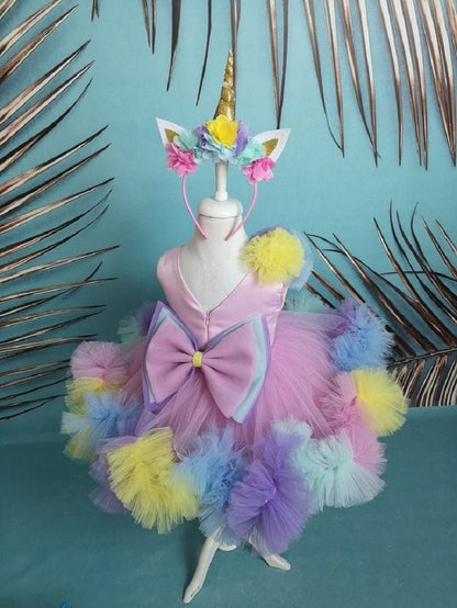 Pastel Unicorn Theme Tulle Party Dress for Baby Girls with Floral Trail