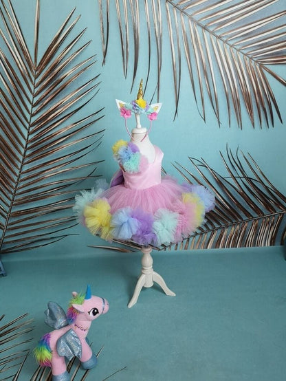 Pastel Unicorn Theme Tulle Party Dress for Baby Girls with Floral Trail