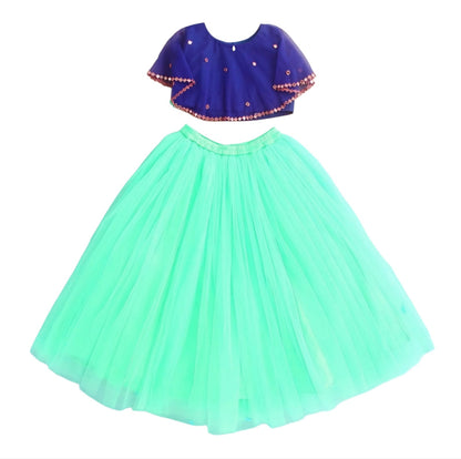 Girls Party Wear Set – Crop Top & Skirt Combo for Kids ( Blue Sea Green )