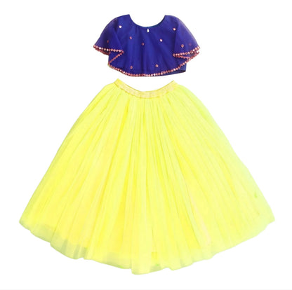 Girls Party Wear Set – Crop Top & Skirt Combo for Kids ( Blue Yellow )