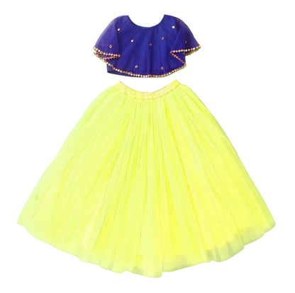 Girls Party Wear Set – Crop Top & Skirt Combo for Kids ( Blue Yellow )