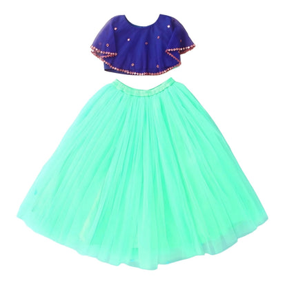 Girls Party Wear Set – Crop Top & Skirt Combo for Kids ( Blue Sea Green )