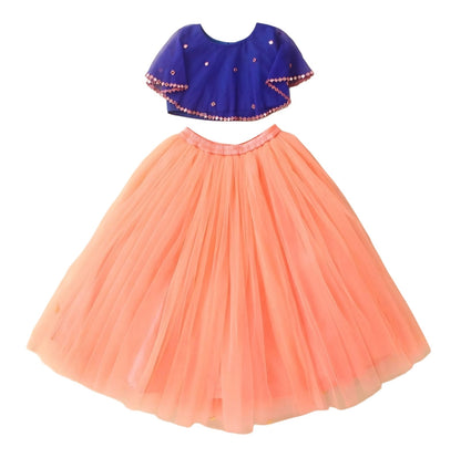 Girls Party Wear Set – Crop Top & Skirt Combo for Kids (Blue Peach)