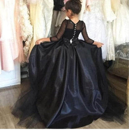 Girls Black High-Low Princess Gown with Full Sleeves & Layered Party Wear Design