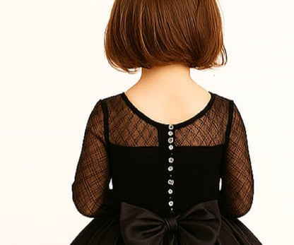 Girls Black High-Low Princess Gown with Full Sleeves & Layered Party Wear Design