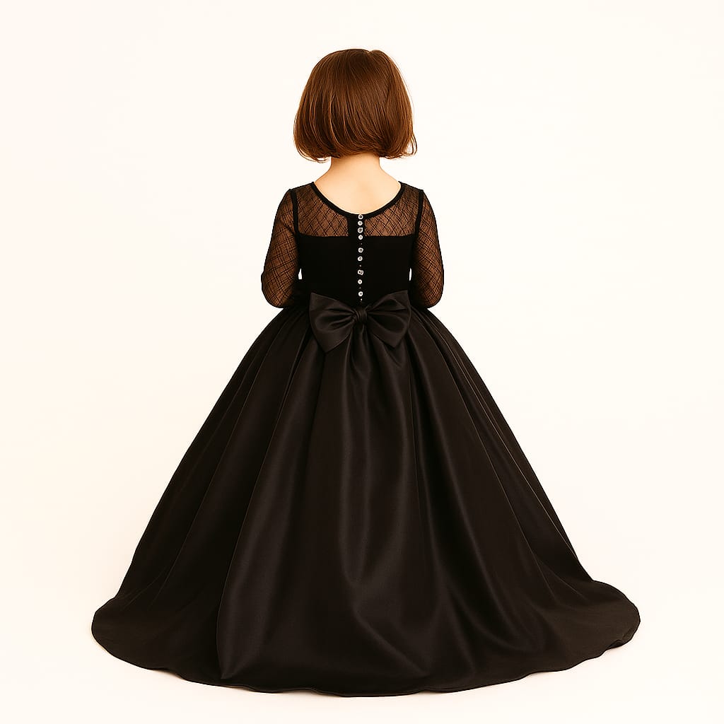 Girls Black High-Low Princess Gown with Full Sleeves & Layered Party Wear Design