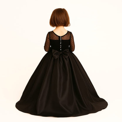 Girls Black High-Low Princess Gown with Full Sleeves & Layered Party Wear Design