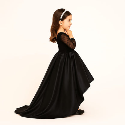 Girls Black High-Low Princess Gown with Full Sleeves & Layered Party Wear Design