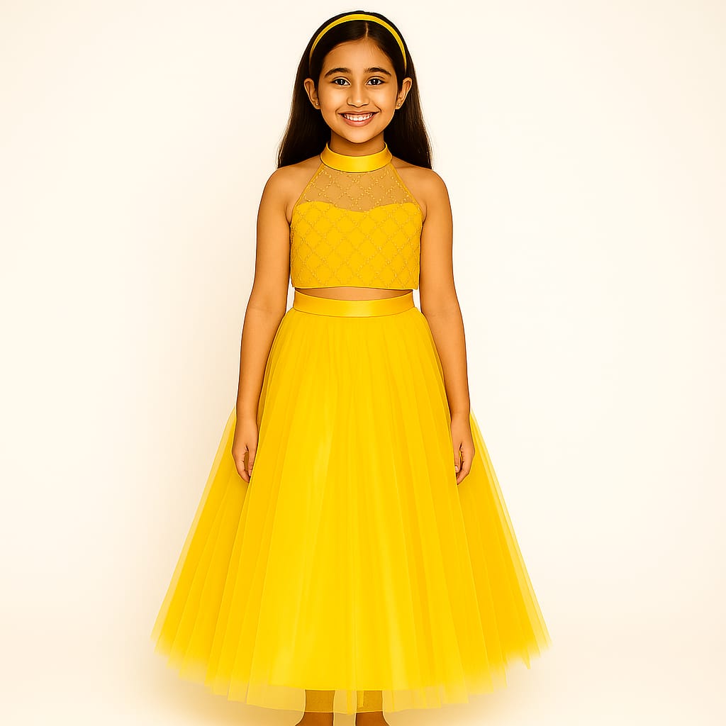 Girls Party Wear Set – Crop Top & Skirt Combo for Kids (yellow)