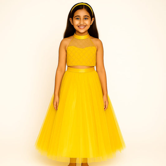 Girls Party Wear Set – Crop Top & Skirt Combo for Kids (yellow)