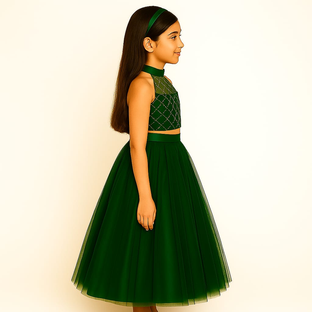 Girls Party Wear Set – Crop Top & Skirt Combo for Kids ( dark green )