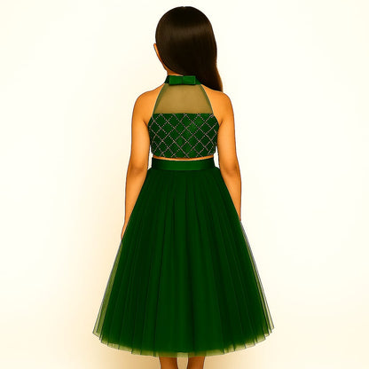 Girls Party Wear Set – Crop Top & Skirt Combo for Kids ( dark green )