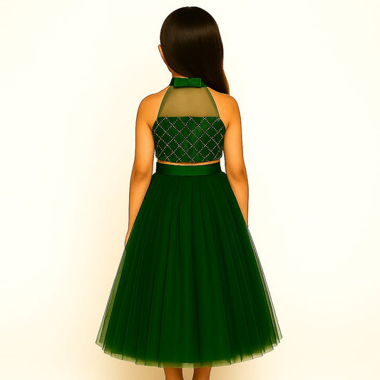 Girls Party Wear Set – Crop Top & Skirt Combo for Kids ( dark green )