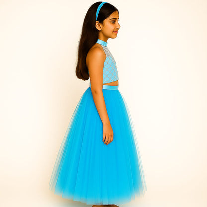 Girls Party Wear Set – Crop Top & Skirt Combo for Kids (Sky Blue)