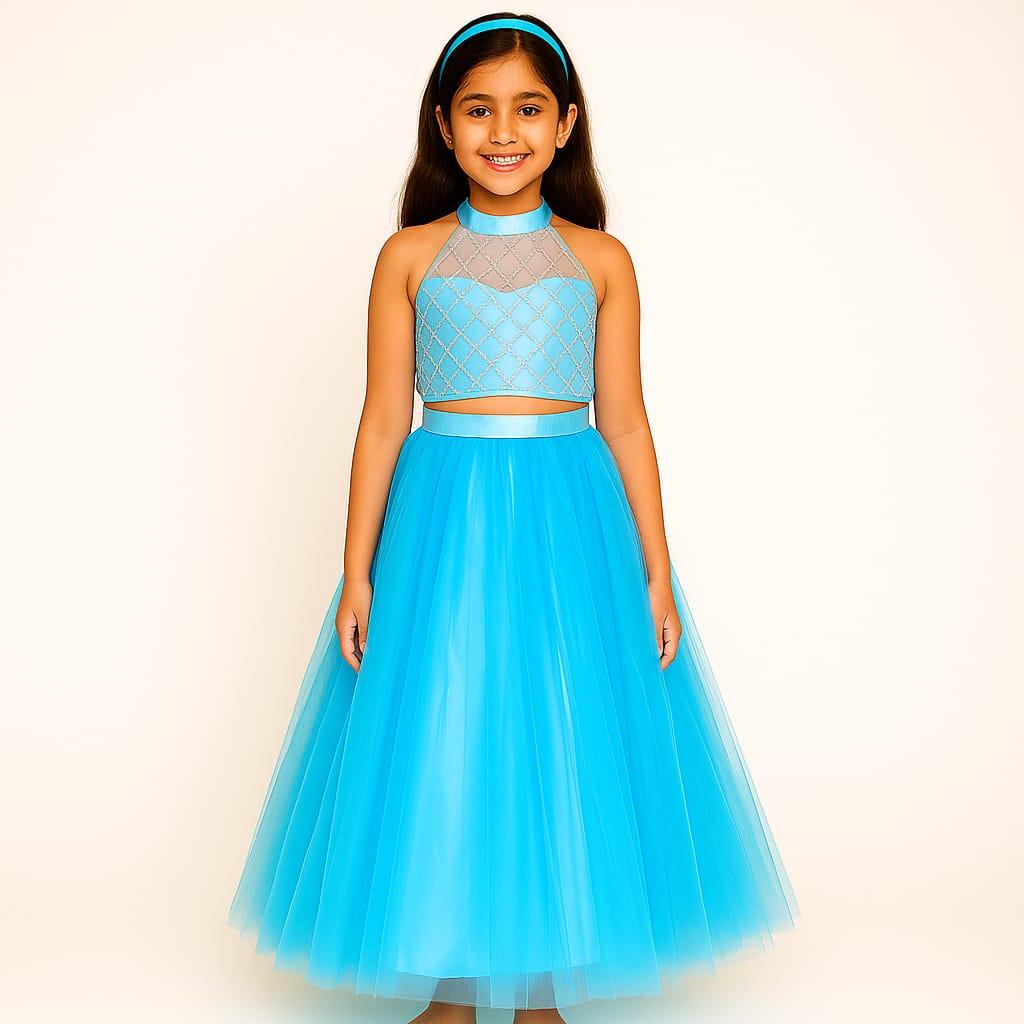 Girls Party Wear Set – Crop Top & Skirt Combo for Kids (Sky Blue)