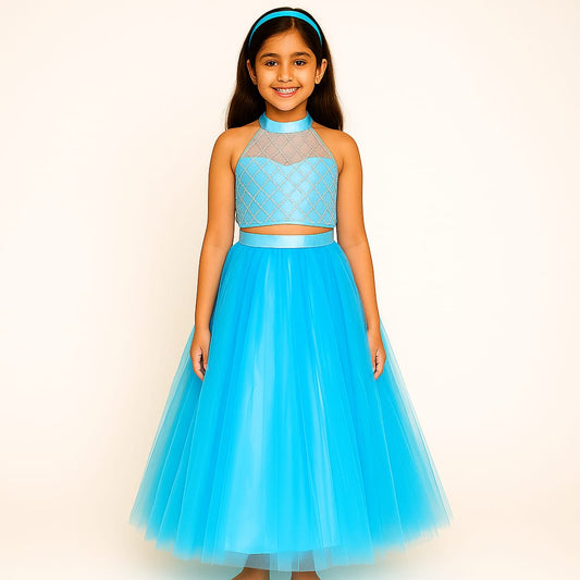 Girls Party Wear Set – Crop Top & Skirt Combo for Kids (Sky Blue)
