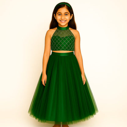 Girls Party Wear Set – Crop Top & Skirt Combo for Kids ( dark green )