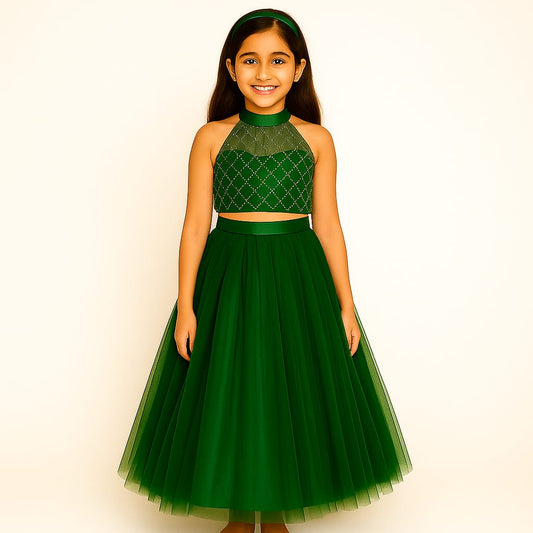 Girls Party Wear Set – Crop Top & Skirt Combo for Kids ( dark green )