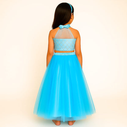 Girls Party Wear Set – Crop Top & Skirt Combo for Kids (Sky Blue)
