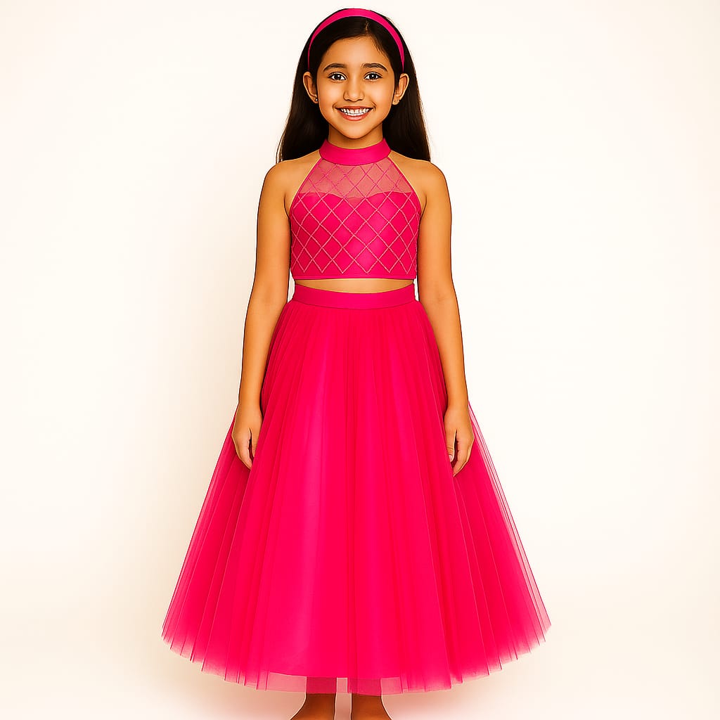 Girls Party Wear Set – Crop Top & Skirt Combo for Kids (Red)