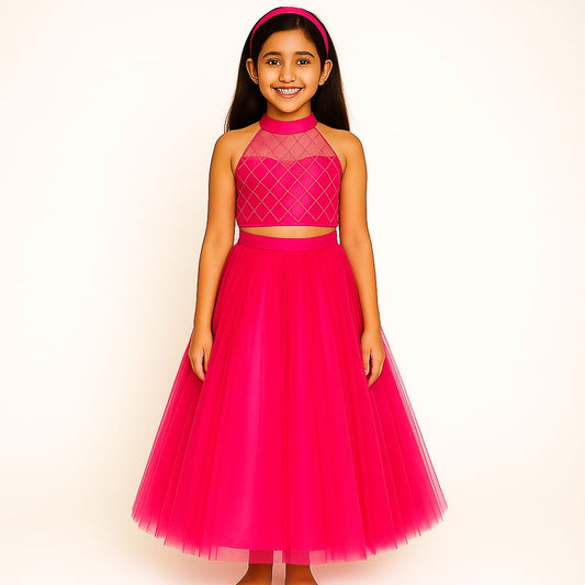 Girls Party Wear Set – Crop Top & Skirt Combo for Kids (Red)