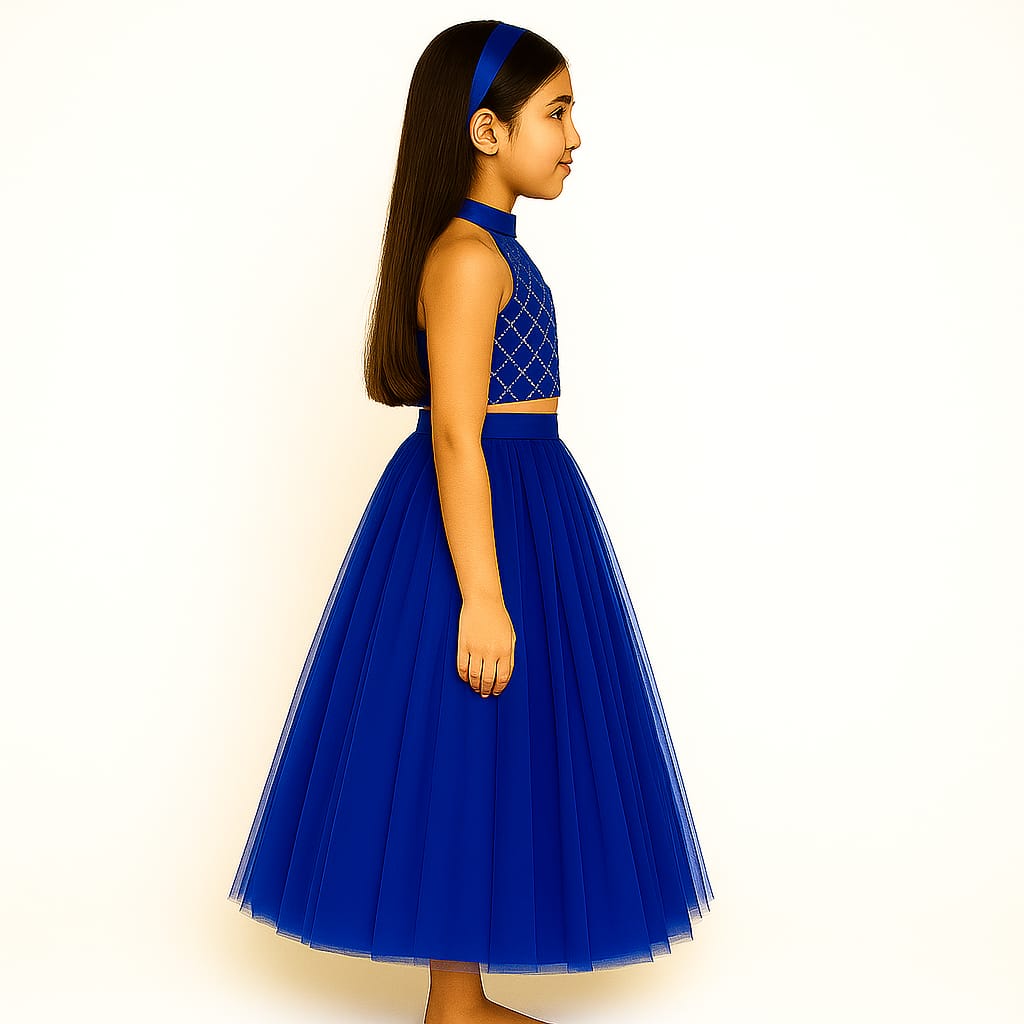 Girls Party Wear Set – Crop Top & Skirt Combo for Kids ( Blue )