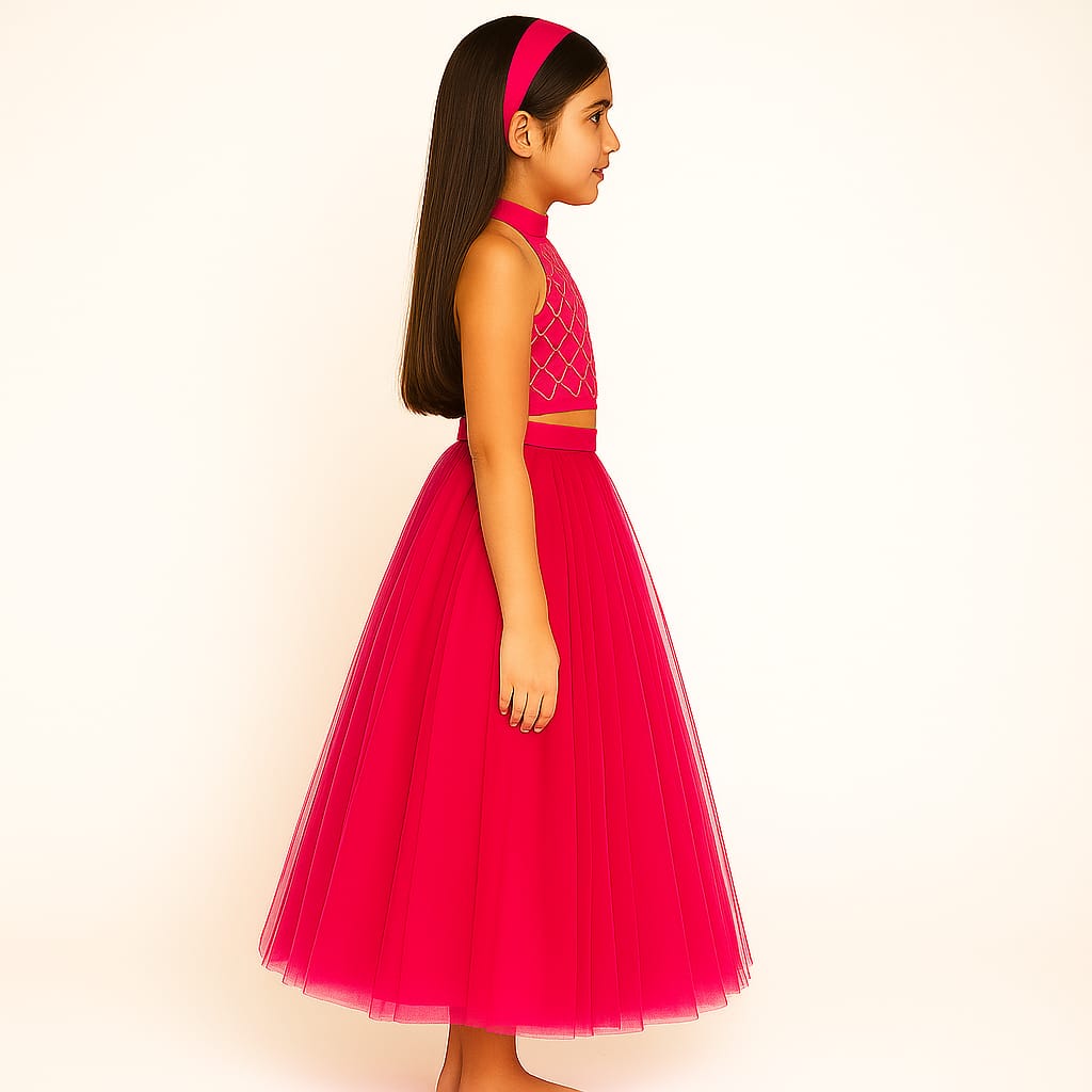 Girls Party Wear Set – Crop Top & Skirt Combo for Kids (Red)