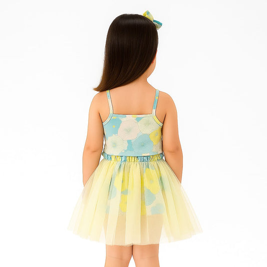 Girls Floral Printed Crop Top & Layered Net Skirt Co-Ord Set