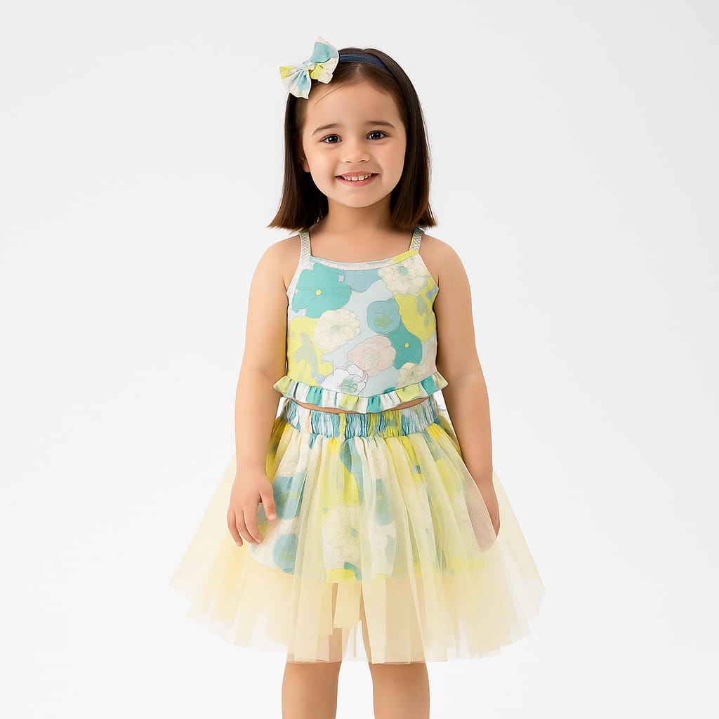 Girls Floral Printed Crop Top & Layered Net Skirt Co-Ord Set