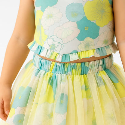Girls Floral Printed Crop Top & Layered Net Skirt Co-Ord Set