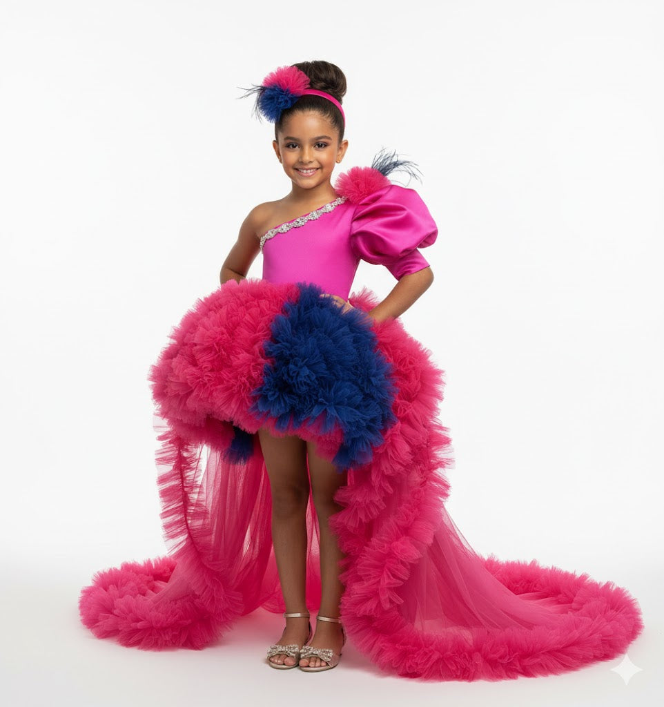 Girls Hot Pink Couture Ruffle Party Gown