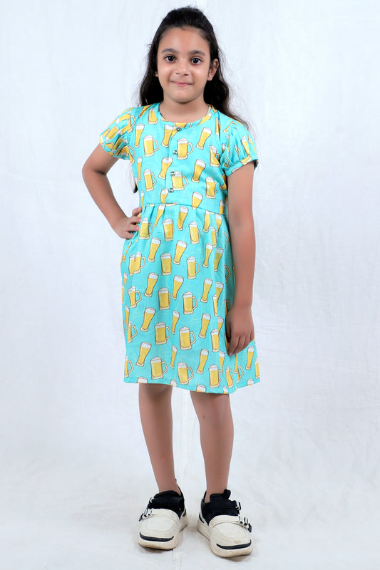 Girls Aqua Blue Printed Cotton Casual Dress