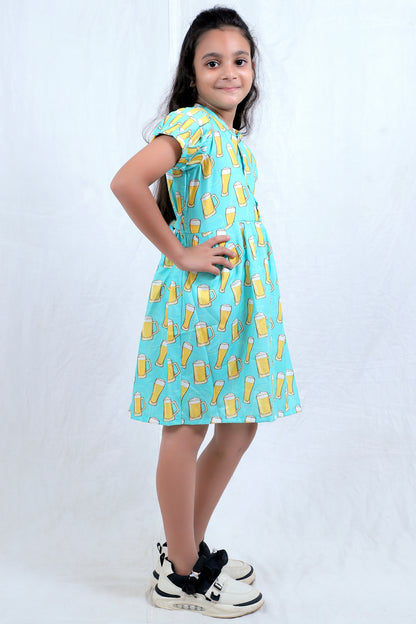 Girls Aqua Blue Printed Cotton Casual Dress