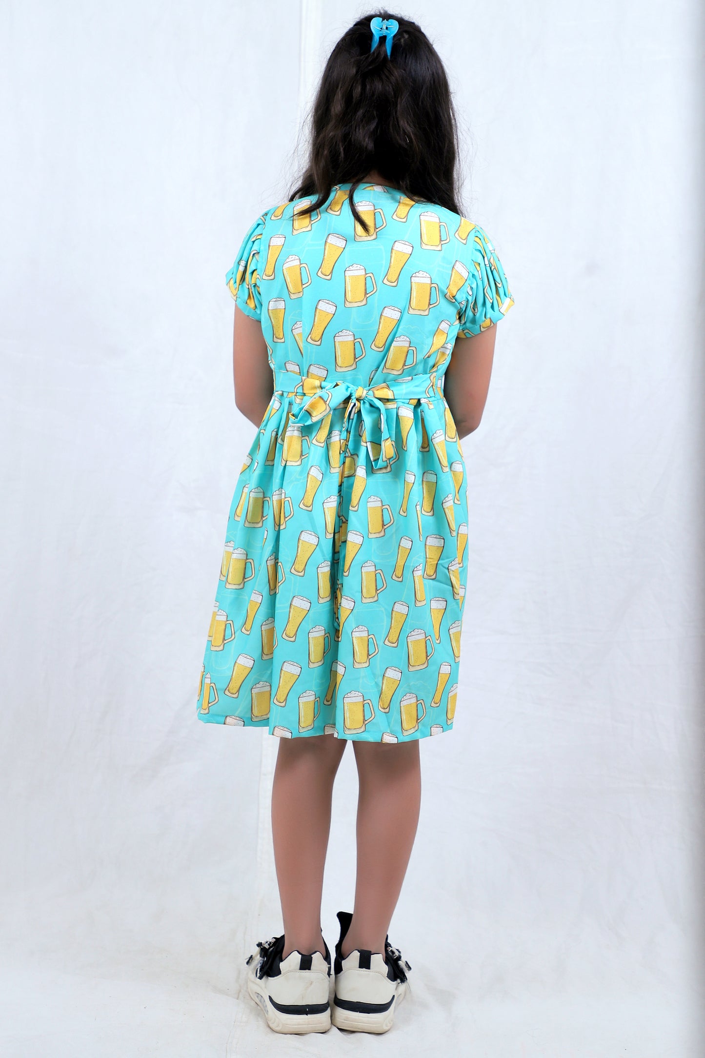Girls Aqua Blue Printed Cotton Casual Dress