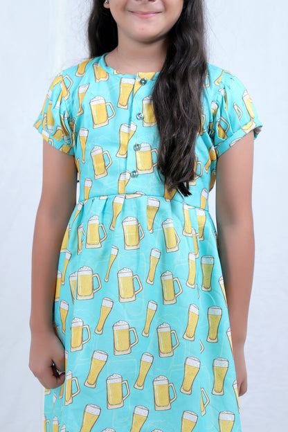 Girls Aqua Blue Printed Cotton Casual Dress
