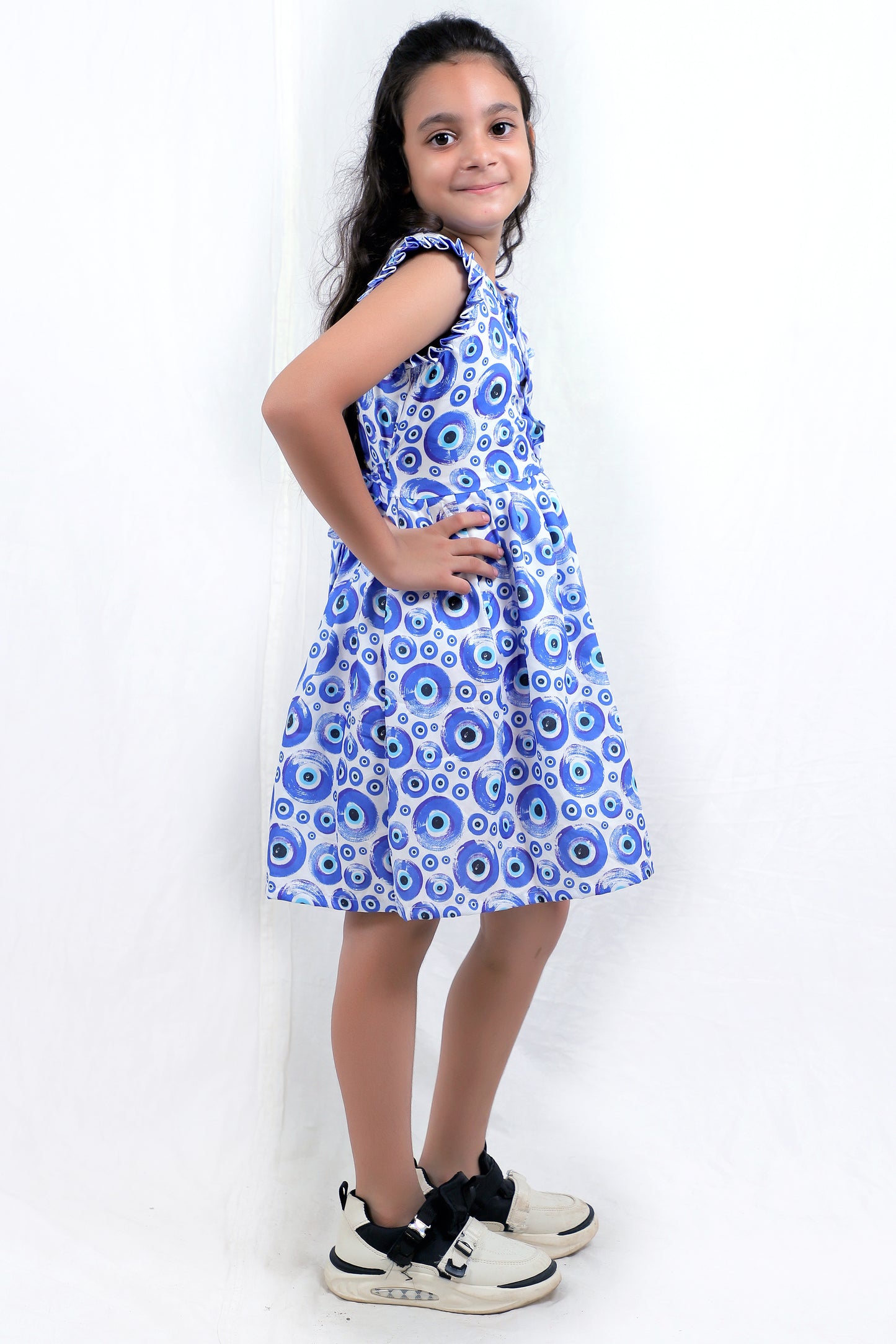 Girls Blue Evil Eye Printed Cotton Casual Dress