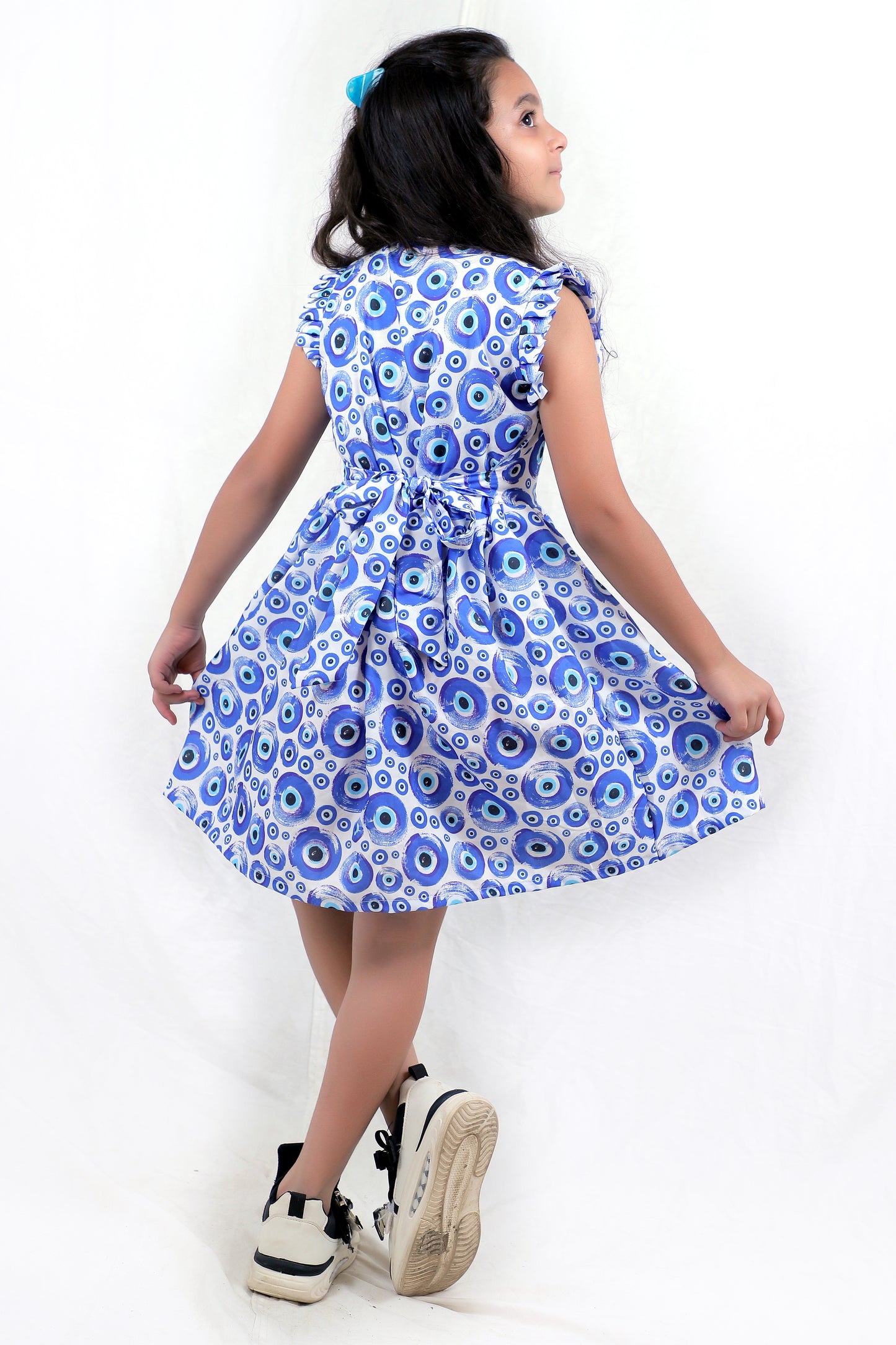 Girls Blue Evil Eye Printed Cotton Casual Dress