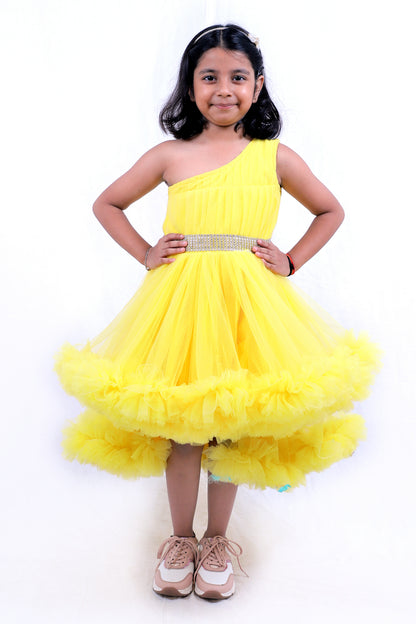 Sunshine Yellow One-Shoulder Ruffle Party Dress for Girls