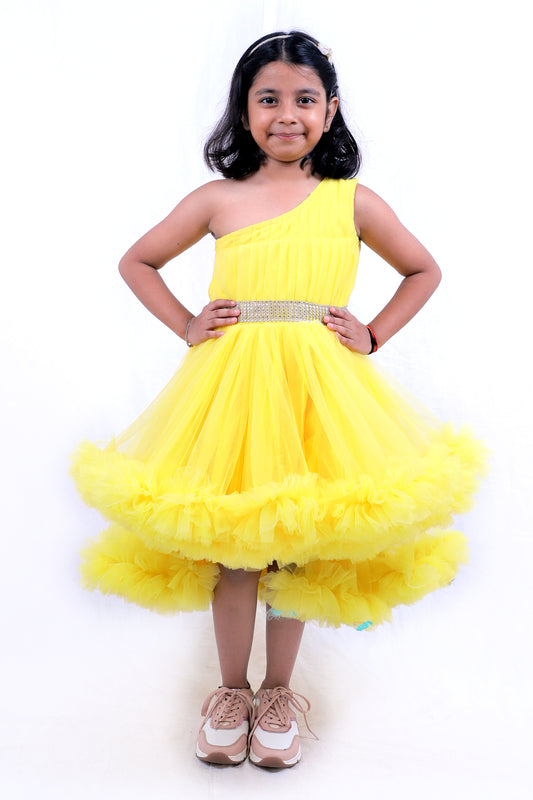 Sunshine Yellow One-Shoulder Ruffle Party Dress for Girls