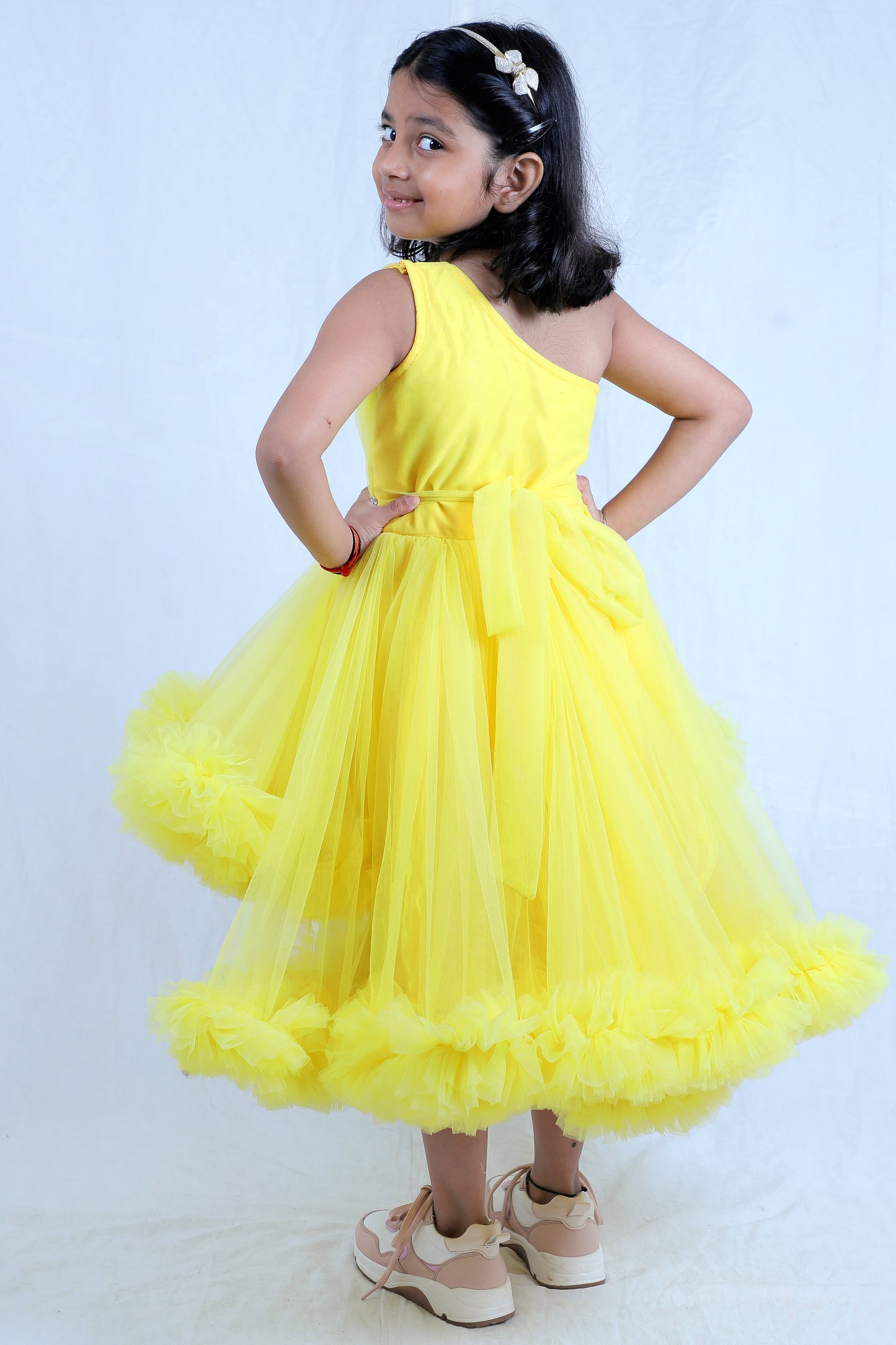 Sunshine Yellow One-Shoulder Ruffle Party Dress for Girls
