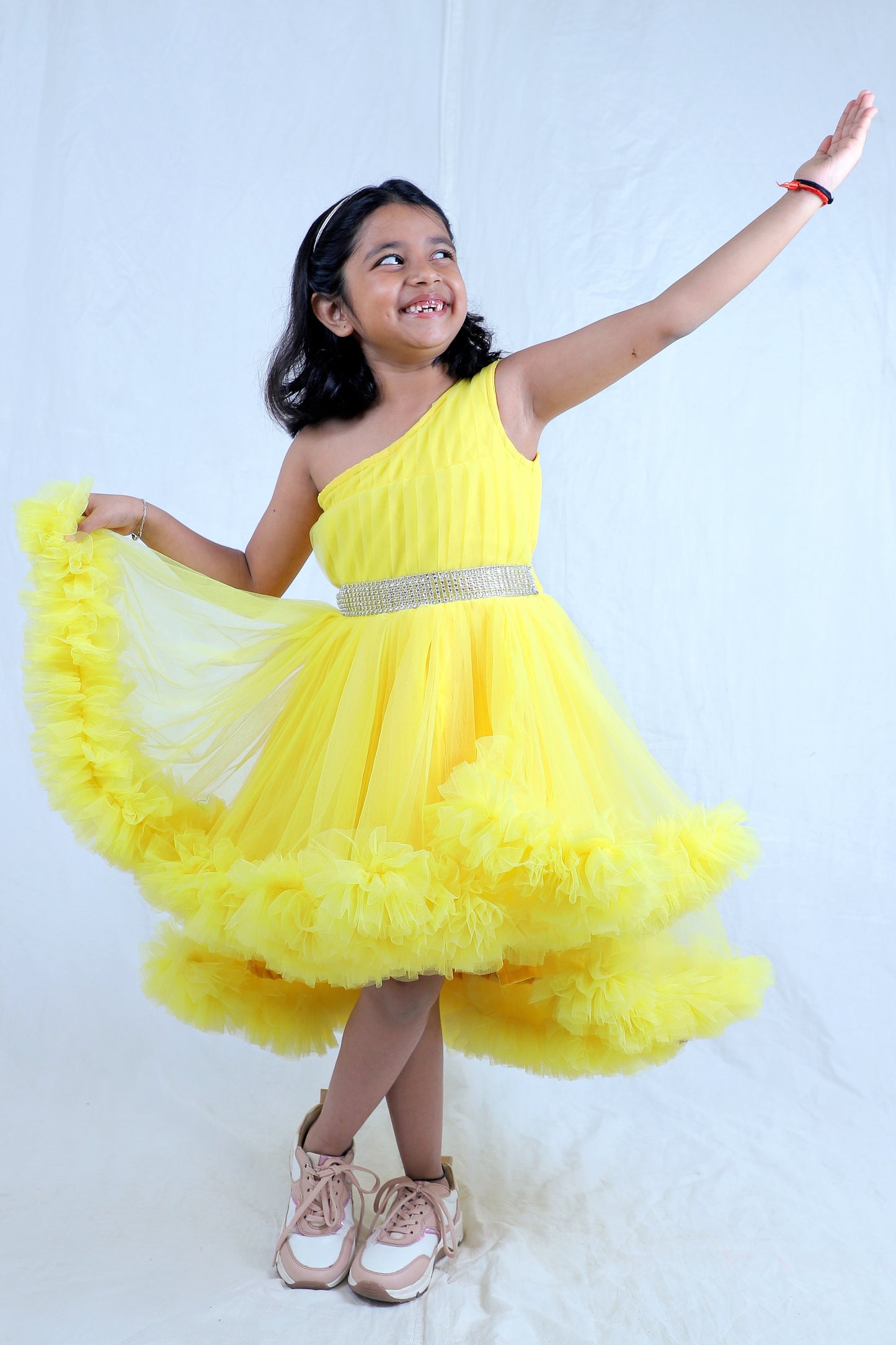 Sunshine Yellow One-Shoulder Ruffle Party Dress for Girls