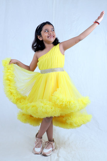 Sunshine Yellow One-Shoulder Ruffle Party Dress for Girls