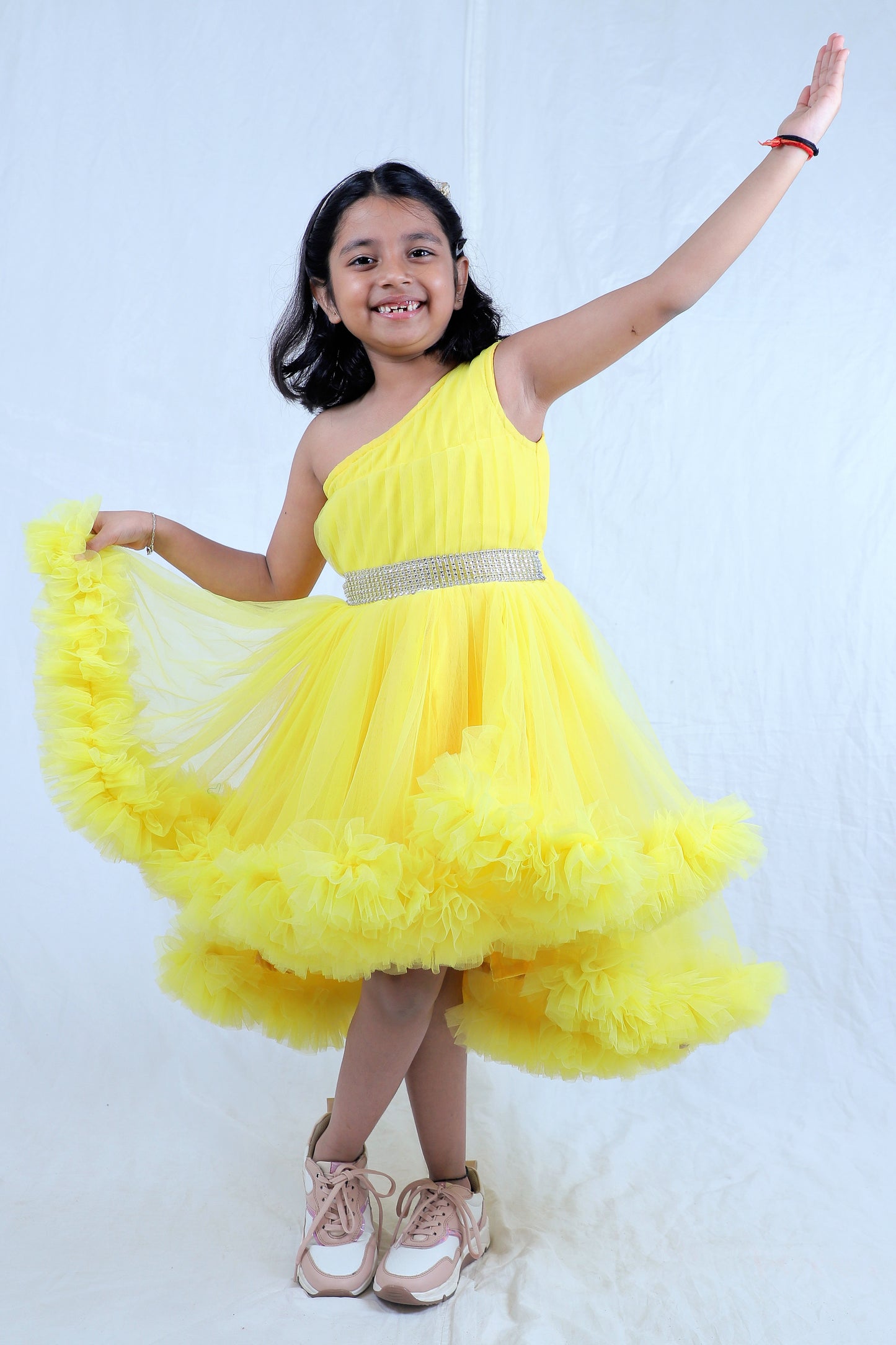 Sunshine Yellow One-Shoulder Ruffle Party Dress for Girls