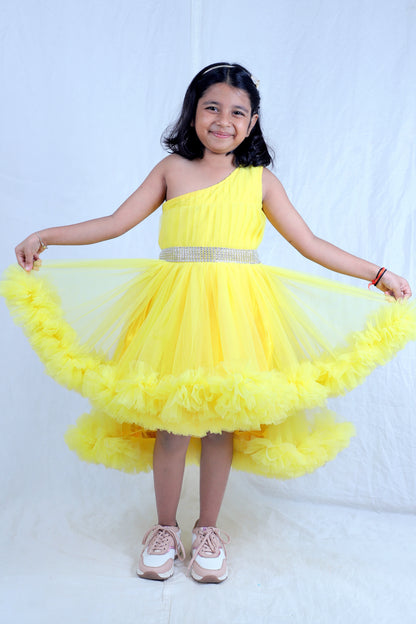 Sunshine Yellow One-Shoulder Ruffle Party Dress for Girls